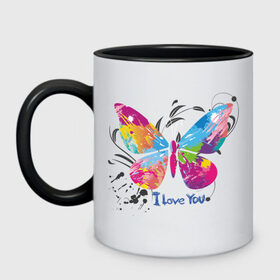 Кружка двухцветная с принтом Бабочка - I Love You в Петрозаводске, керамика | объем — 330 мл, диаметр — 80 мм. Цветная ручка и кайма сверху, в некоторых цветах — вся внутренняя часть | крылья