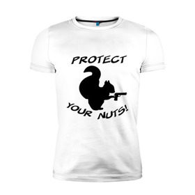 Мужская футболка премиум с принтом Protect your nuts в Петрозаводске, 92% хлопок, 8% лайкра | приталенный силуэт, круглый вырез ворота, длина до линии бедра, короткий рукав | белка | белочка | вооруженная | защищай | зверь | орехи | оружие | пистолет | свои