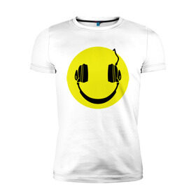 Мужская футболка премиум с принтом Смайлик-наушники в Петрозаводске, 92% хлопок, 8% лайкра | приталенный силуэт, круглый вырез ворота, длина до линии бедра, короткий рукав | smile | наушники | смайл | смайлик | смайлики | улыбка
