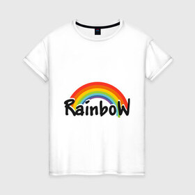Женская футболка хлопок с принтом Радуга (надпись) в Петрозаводске, 100% хлопок | прямой крой, круглый вырез горловины, длина до линии бедер, слегка спущенное плечо | rainbow | краски | радуга | цвета