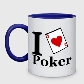 Кружка двухцветная с принтом poker love в Петрозаводске, керамика | объем — 330 мл, диаметр — 80 мм. Цветная ручка и кайма сверху, в некоторых цветах — вся внутренняя часть | i love poker | poker | азартные игры | карта | название меняем на  life with pokerлюблю покер | покер | туз | туз черви | я люблю покер