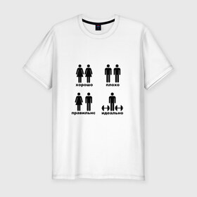 Мужская футболка премиум с принтом Идеальная пара в Петрозаводске, 92% хлопок, 8% лайкра | приталенный силуэт, круглый вырез ворота, длина до линии бедра, короткий рукав | гантели | идеально | спорт | хорошо | человечки | штанга