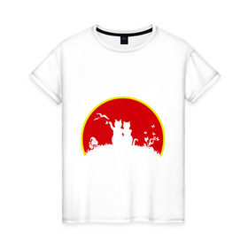 Женская футболка хлопок с принтом Любовь и солнце в Петрозаводске, 100% хлопок | прямой крой, круглый вырез горловины, длина до линии бедер, слегка спущенное плечо | закат | кошки | любовь | солнце