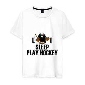 Мужская футболка хлопок с принтом Eat sleep play hockey в Петрозаводске, 100% хлопок | прямой крой, круглый вырез горловины, длина до линии бедер, слегка спущенное плечо. | Тематика изображения на принте: hockey | nhl | ешь | играй в хоккей | нхл | спи | хоккей