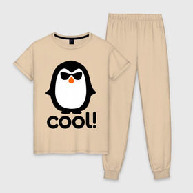 Женская пижама хлопок с принтом Стильный клевый крутой пингвин в Петрозаводске, 100% хлопок | брюки и футболка прямого кроя, без карманов, на брюках мягкая резинка на поясе и по низу штанин | пингвин