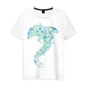 Мужская футболка хлопок с принтом Абстрактный дельфин в Петрозаводске, 100% хлопок | прямой крой, круглый вырез горловины, длина до линии бедер, слегка спущенное плечо. | абстрактный дельфин | дельфин | животные | морские животные | орнамент | рисунок | цветочный орнамент