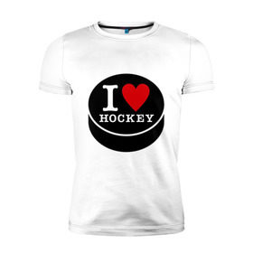 Мужская футболка премиум с принтом Я люблю хоккей (шайба) в Петрозаводске, 92% хлопок, 8% лайкра | приталенный силуэт, круглый вырез ворота, длина до линии бедра, короткий рукав | hockey | hokey | hokkey | матч | спорт | спортивный | хокей | хоккеист | чемпионат