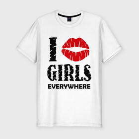 Мужская футболка премиум с принтом I girls в Петрозаводске, 92% хлопок, 8% лайкра | приталенный силуэт, круглый вырез ворота, длина до линии бедра, короткий рукав | everywhere | i love | i love girls | губы | поцелуй | я люблю | я люблю девушек