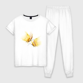 Женская пижама хлопок с принтом Золотые бабочки в Петрозаводске, 100% хлопок | брюки и футболка прямого кроя, без карманов, на брюках мягкая резинка на поясе и по низу штанин | Тематика изображения на принте: бабочки | девушкам | для девушек | животные | насекомые