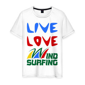 Мужская футболка хлопок с принтом Виндсерфинг в Петрозаводске, 100% хлопок | прямой крой, круглый вырез горловины, длина до линии бедер, слегка спущенное плечо. | live | love | sport | wind surfing | windsurfing | экстремальный | экстрим