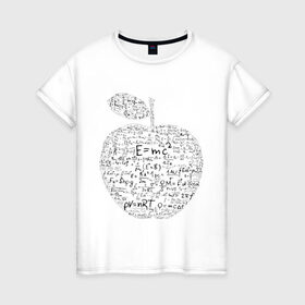 Женская футболка хлопок с принтом Яблоко Ньютона (формулы физики) в Петрозаводске, 100% хлопок | прямой крой, круглый вырез горловины, длина до линии бедер, слегка спущенное плечо | для студентов | ньютон | студентам | студенческие | физика | формула | формулы | яблоко ньютона
