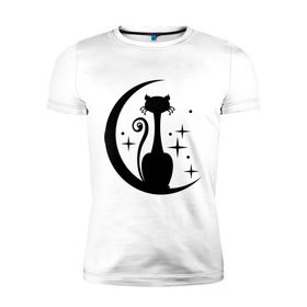 Мужская футболка премиум с принтом Кошка на луне в Петрозаводске, 92% хлопок, 8% лайкра | приталенный силуэт, круглый вырез ворота, длина до линии бедра, короткий рукав | звезды | киса | луна | месяц | ночная | ночь