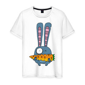 Мужская футболка хлопок с принтом заяц с морковкой в Петрозаводске, 100% хлопок | прямой крой, круглый вырез горловины, длина до линии бедер, слегка спущенное плечо. | Тематика изображения на принте: животные | зайчик | заяц | заяц с морковкой | морковка