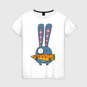 Женская футболка хлопок с принтом заяц с морковкой в Петрозаводске, 100% хлопок | прямой крой, круглый вырез горловины, длина до линии бедер, слегка спущенное плечо | животные | зайчик | заяц | заяц с морковкой | морковка