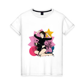 Женская футболка хлопок с принтом девушка с кошкой в Петрозаводске, 100% хлопок | прямой крой, круглый вырез горловины, длина до линии бедер, слегка спущенное плечо | девушка | девушкам | для девушек | киса | кошечка | кошка | черная кошка