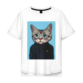 Мужская футболка хлопок Oversize с принтом Котэ в толстовке в Петрозаводске, 100% хлопок | свободный крой, круглый ворот, “спинка” длиннее передней части | голова кошки | кот | кот в одежде | кот в толстовке | кот на спорте | коте | котейка | котэ | кошка | кошка в толстовке | реальный поцык