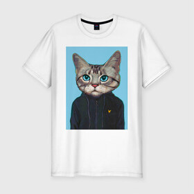 Мужская футболка премиум с принтом Котэ в толстовке в Петрозаводске, 92% хлопок, 8% лайкра | приталенный силуэт, круглый вырез ворота, длина до линии бедра, короткий рукав | голова кошки | кот | кот в одежде | кот в толстовке | кот на спорте | коте | котейка | котэ | кошка | кошка в толстовке | реальный поцык