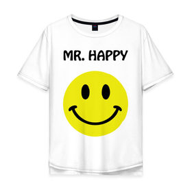 Мужская футболка хлопок Oversize с принтом мистер счастье в Петрозаводске, 100% хлопок | свободный крой, круглый ворот, “спинка” длиннее передней части | happy | mr. happy | smile | мистер хэппи | рожица | смайл | смайлик | счастье