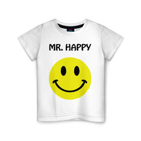 Детская футболка хлопок с принтом мистер счастье в Петрозаводске, 100% хлопок | круглый вырез горловины, полуприлегающий силуэт, длина до линии бедер | happy | mr. happy | smile | мистер хэппи | рожица | смайл | смайлик | счастье