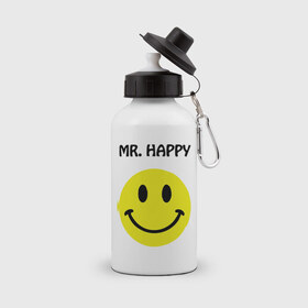 Бутылка спортивная с принтом мистер счастье в Петрозаводске, металл | емкость — 500 мл, в комплекте две пластиковые крышки и карабин для крепления | happy | mr. happy | smile | мистер хэппи | рожица | смайл | смайлик | счастье