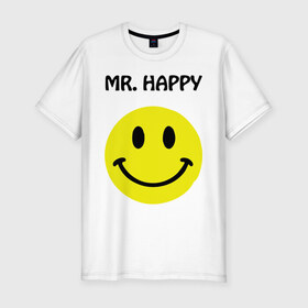 Мужская футболка премиум с принтом мистер счастье в Петрозаводске, 92% хлопок, 8% лайкра | приталенный силуэт, круглый вырез ворота, длина до линии бедра, короткий рукав | happy | mr. happy | smile | мистер хэппи | рожица | смайл | смайлик | счастье