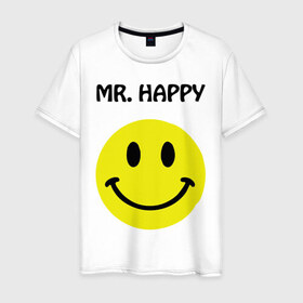 Мужская футболка хлопок с принтом мистер счастье в Петрозаводске, 100% хлопок | прямой крой, круглый вырез горловины, длина до линии бедер, слегка спущенное плечо. | happy | mr. happy | smile | мистер хэппи | рожица | смайл | смайлик | счастье