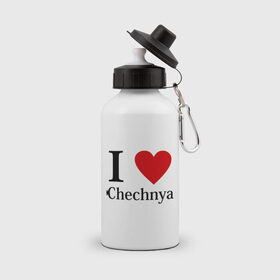 Бутылка спортивная с принтом i love chechnya в Петрозаводске, металл | емкость — 500 мл, в комплекте две пластиковые крышки и карабин для крепления | Тематика изображения на принте: регионы | чеченская республика | чеченцы | чечня | я люблю | я люблю чечню