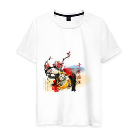 Мужская футболка хлопок с принтом Тигр принт в Петрозаводске, 100% хлопок | прямой крой, круглый вырез горловины, длина до линии бедер, слегка спущенное плечо. | азия | восток | китай | сакура | тигр | туристические | цветущая сакура