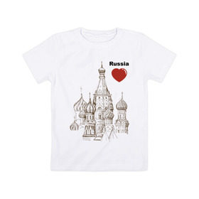 Детская футболка хлопок с принтом Люблю Россию (Кремль) в Петрозаводске, 100% хлопок | круглый вырез горловины, полуприлегающий силуэт, длина до линии бедер | moscow | russia | государство | москва | патриот | родина | россия | страна | я русский