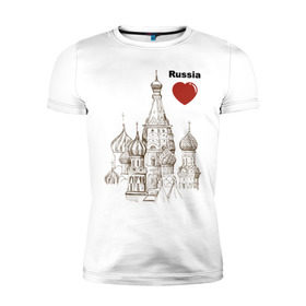 Мужская футболка премиум с принтом Люблю Россию (Кремль) в Петрозаводске, 92% хлопок, 8% лайкра | приталенный силуэт, круглый вырез ворота, длина до линии бедра, короткий рукав | moscow | russia | государство | москва | патриот | родина | россия | страна | я русский