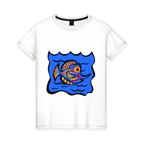 Женская футболка хлопок с принтом Рыба принт в Петрозаводске, 100% хлопок | прямой крой, круглый вырез горловины, длина до линии бедер, слегка спущенное плечо | знаки зодиак | зодиак | рыба | рыбалка | рыбка | рыбы