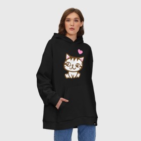 Худи SuperOversize хлопок с принтом Kitty in love в Петрозаводске, 70% хлопок, 30% полиэстер, мягкий начес внутри | карман-кенгуру, эластичная резинка на манжетах и по нижней кромке, двухслойный капюшон
 | влюбленная кошка | влюбленный котенок | киса | китти | кот | котенок | кошка | кошки