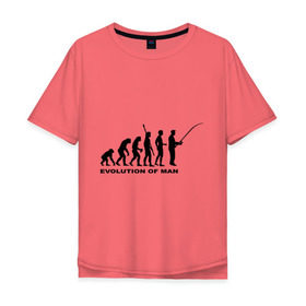 Мужская футболка хлопок Oversize с принтом Рыбак. Эволюция в Петрозаводске, 100% хлопок | свободный крой, круглый ворот, “спинка” длиннее передней части | Тематика изображения на принте: рыба | рыбак | рыбалка | удочка | эволюция