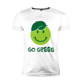 Мужская футболка премиум с принтом Грин смайл в Петрозаводске, 92% хлопок, 8% лайкра | приталенный силуэт, круглый вырез ворота, длина до линии бедра, короткий рукав | eco | go green | green | зеленые технологии | зелень | планета | смайл | смайлик | чистота | эко | экология