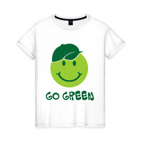 Женская футболка хлопок с принтом Грин смайл в Петрозаводске, 100% хлопок | прямой крой, круглый вырез горловины, длина до линии бедер, слегка спущенное плечо | eco | go green | green | зеленые технологии | зелень | планета | смайл | смайлик | чистота | эко | экология