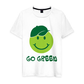 Мужская футболка хлопок с принтом Грин смайл в Петрозаводске, 100% хлопок | прямой крой, круглый вырез горловины, длина до линии бедер, слегка спущенное плечо. | eco | go green | green | зеленые технологии | зелень | планета | смайл | смайлик | чистота | эко | экология