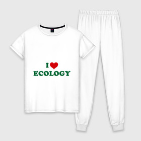 Женская пижама хлопок с принтом Люблю экологию в Петрозаводске, 100% хлопок | брюки и футболка прямого кроя, без карманов, на брюках мягкая резинка на поясе и по низу штанин | eco | i love ecology | зеленые технологии | зелень | планета | чистота | эко | экология | я люблю экологию