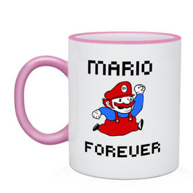 Кружка двухцветная с принтом Mario forever в Петрозаводске, керамика | объем — 330 мл, диаметр — 80 мм. Цветная ручка и кайма сверху, в некоторых цветах — вся внутренняя часть | Тематика изображения на принте: nintendo | марио | нинтендо