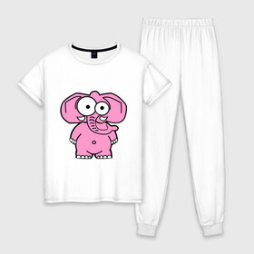 Женская пижама хлопок с принтом Розовый слон в Петрозаводске, 100% хлопок | брюки и футболка прямого кроя, без карманов, на брюках мягкая резинка на поясе и по низу штанин | смешной
