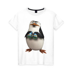 Женская футболка хлопок с принтом Пингвин с биноклем в Петрозаводске, 100% хлопок | прямой крой, круглый вырез горловины, длина до линии бедер, слегка спущенное плечо | пингвин