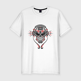 Мужская футболка премиум с принтом Skull-music в Петрозаводске, 92% хлопок, 8% лайкра | приталенный силуэт, круглый вырез ворота, длина до линии бедра, короткий рукав | музыка | наушники