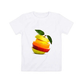 Детская футболка хлопок с принтом мега яблоко в Петрозаводске, 100% хлопок | круглый вырез горловины, полуприлегающий силуэт, длина до линии бедер | Тематика изображения на принте: апельсин | брызги | вода | лимон | фрукты | яблоко