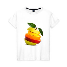 Женская футболка хлопок с принтом мега яблоко в Петрозаводске, 100% хлопок | прямой крой, круглый вырез горловины, длина до линии бедер, слегка спущенное плечо | апельсин | брызги | вода | лимон | фрукты | яблоко