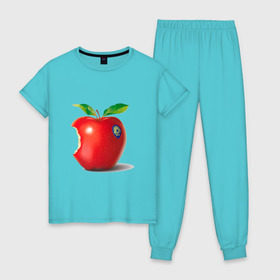 Женская пижама хлопок с принтом откусанное яблоко в Петрозаводске, 100% хлопок | брюки и футболка прямого кроя, без карманов, на брюках мягкая резинка на поясе и по низу штанин | apple | вкусное | девушкам | фрукты | фрукты и ягоды | яблоко