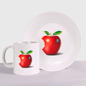 Набор: тарелка + кружка с принтом откусанное яблоко в Петрозаводске, керамика | Кружка: объем — 330 мл, диаметр — 80 мм. Принт наносится на бока кружки, можно сделать два разных изображения. 
Тарелка: диаметр - 210 мм, диаметр для нанесения принта - 120 мм. | apple | вкусное | девушкам | фрукты | фрукты и ягоды | яблоко