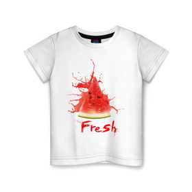 Детская футболка хлопок с принтом Fresh арбуз в Петрозаводске, 100% хлопок | круглый вырез горловины, полуприлегающий силуэт, длина до линии бедер | арбуз | вкусное | девушкам | долька арбуза | сочный арбуз | фрукты | фрукты и ягоды