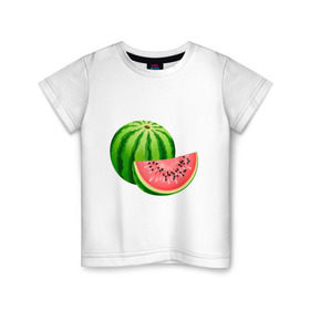 Детская футболка хлопок с принтом Арбуз и долька в Петрозаводске, 100% хлопок | круглый вырез горловины, полуприлегающий силуэт, длина до линии бедер | арбуз | вкусное | девушкам | долька | фрукты | фрукты и ягоды