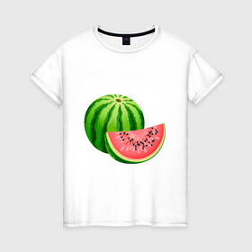 Женская футболка хлопок с принтом Арбуз и долька в Петрозаводске, 100% хлопок | прямой крой, круглый вырез горловины, длина до линии бедер, слегка спущенное плечо | арбуз | вкусное | девушкам | долька | фрукты | фрукты и ягоды