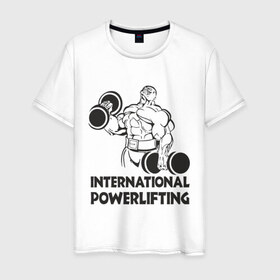 Мужская футболка хлопок с принтом International Powerlifting в Петрозаводске, 100% хлопок | прямой крой, круглый вырез горловины, длина до линии бедер, слегка спущенное плечо. | 