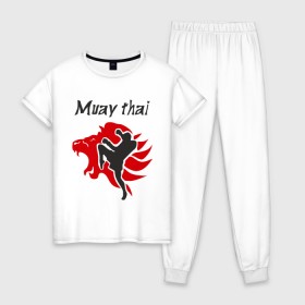 Женская пижама хлопок с принтом Muay thai в Петрозаводске, 100% хлопок | брюки и футболка прямого кроя, без карманов, на брюках мягкая резинка на поясе и по низу штанин | муай тай